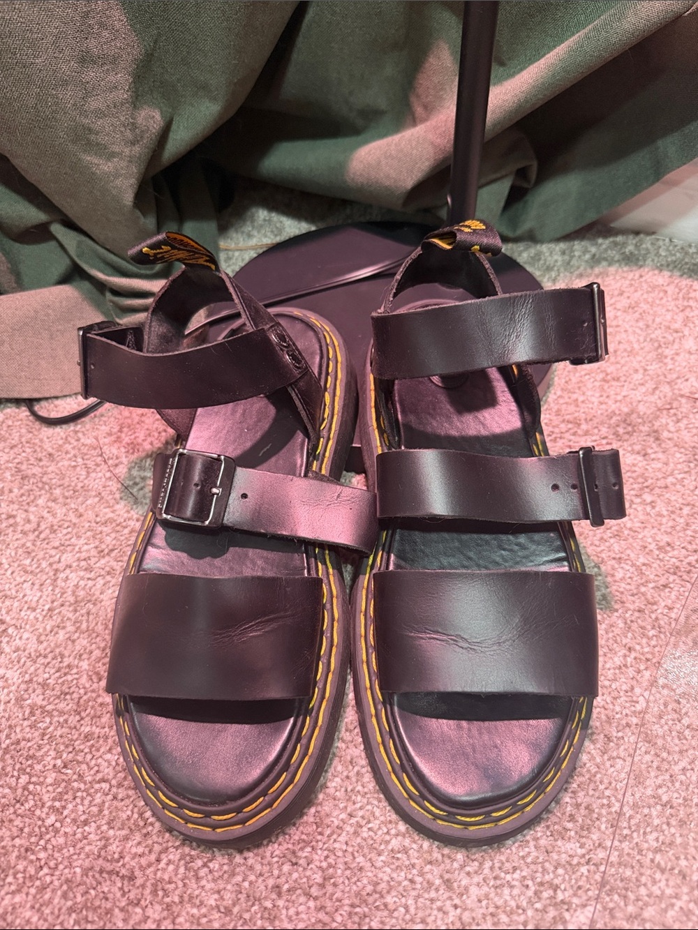 Dr. Martens Black Leather Strappy Sandals with Yellow Stitching
